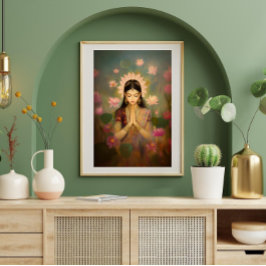 Goddess Lakshmi Lotus Flowers Hindu Painting Art Poster