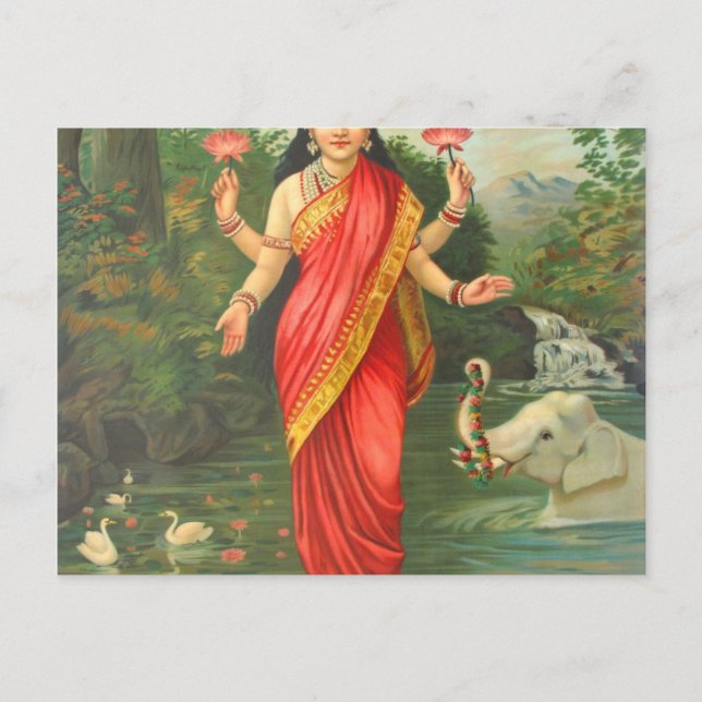 Goddess Lakshmi - Raja Ravi Varma Vykort (Framsida)