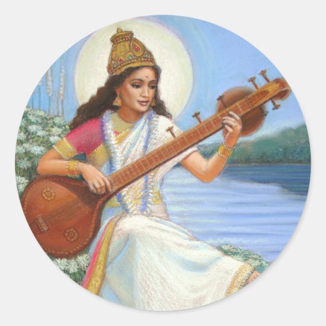 Goddess Sarasvati Runt Klistermärke (Framsida)