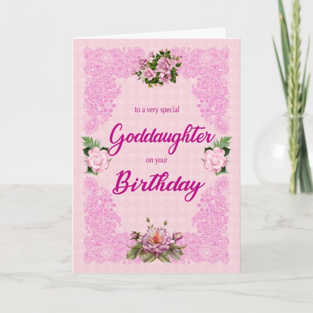 Goddotter Birthday med Rosa ros Card Kort (Framsida)