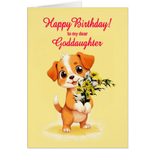 Goddotter Birthday Puppy and Flowers Hälsningskort