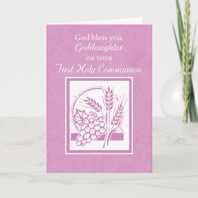 Goddotter First Communion Card, Rosa Kort (Framsida)
