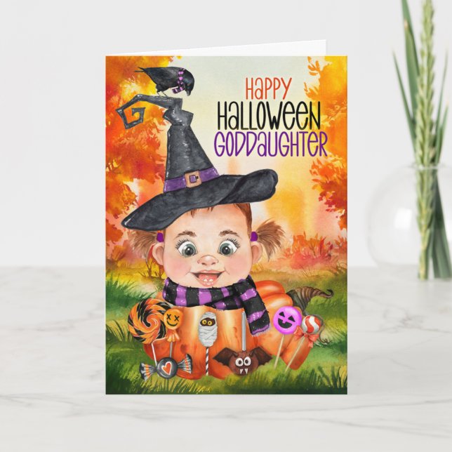 Goddotter Little Witch Raven Halloween Pumpkin Helgkort (Framsida)