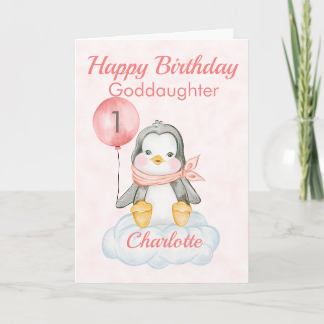 Goddotter Penguin Lycklig 1:a födelsedagen Kort (Framsida)