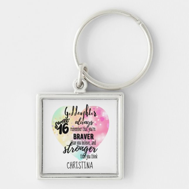 Goddottern Sweet16 Quote Gift Modigare starkare Fyrkantig Silverfärgad Nyckelring (Framsidan)