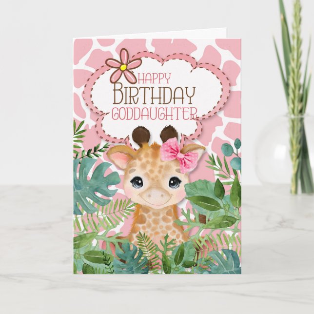 Goddotters Rosa Jungle Giraffe Thmet Birthday Kort (Framsida)