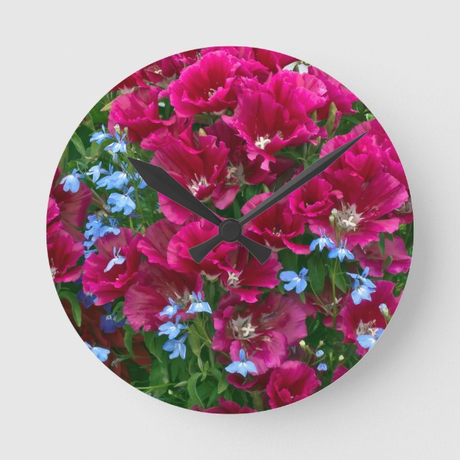 Godetia och Lobelia Clock Rund Klocka (Framsida)