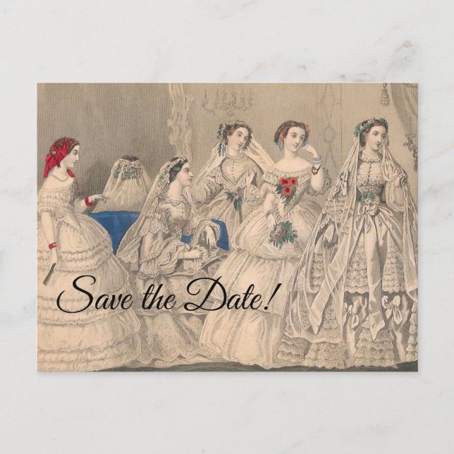 Godey's 1858 bröllopsklänningar vykort (Framsida)