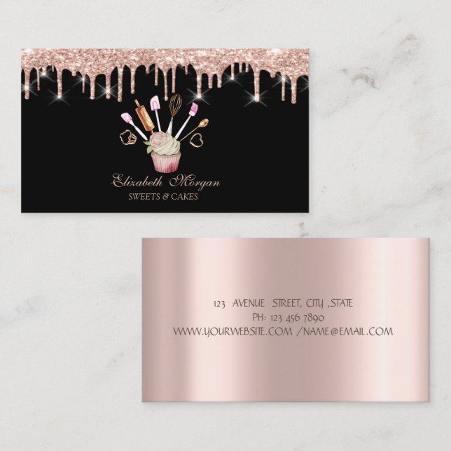 Godis, Rose Gold Drips Bakatverktyg Cupcake Svart Visitkort (Fram/baksida)
