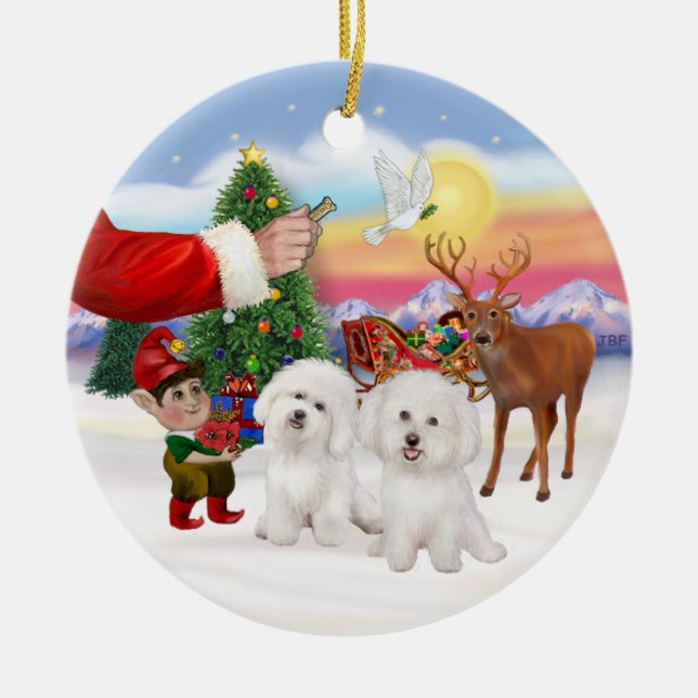 Godis till två Bichon Frise Julgransprydnad Keramik (Framsidan)