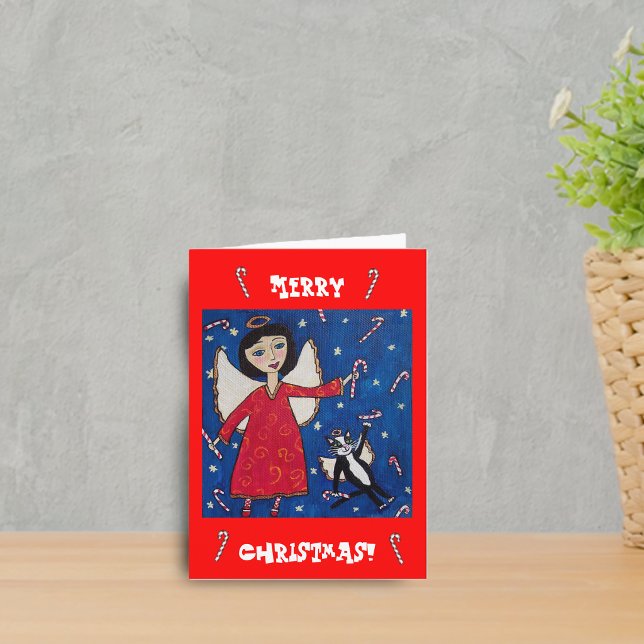 Godisgrimma ängel och katt julkort helgkort (Angel Red dress cat angel floating night sky with candy canes on red Merry Christmas greeting card.)