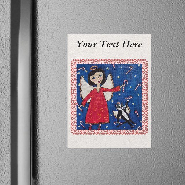 Godisrandängel Katt Jul Folklig Konst (Chritmas Angel floating in sky with angel cat catching candy canes in red frame on fridge magnet.)