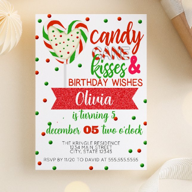 Godisrandskysser Födelsedagsfirande Party Inbjudningar (Candy Cane Kisses and Birthday Wishes | Candy Cane Heart Candy Birthday Party Invitation)