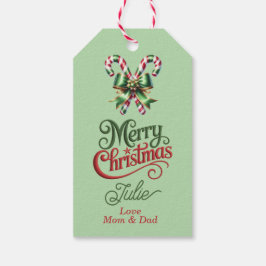Godisstavar med röd rosett God Jul Presentetikett