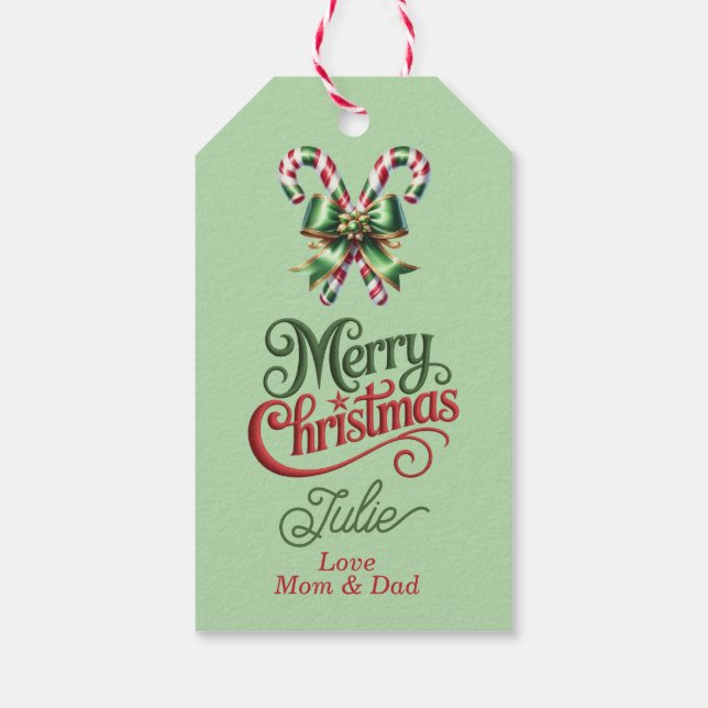 Godisstavar med röd rosett God Jul Presentetikett (Baksidan)