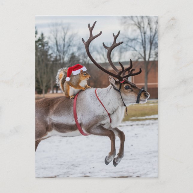 Godkänd Santa Squirrel och Leaping Reindeer Vykort (Framsida)