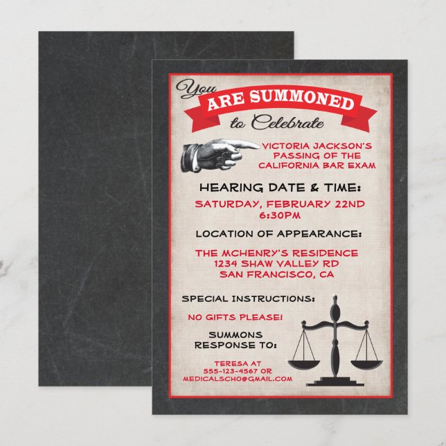 Godkändes på kallelsen till Pub Exam Law School Inbjudningar (Fram/baksida)