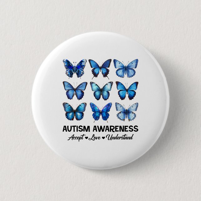 Godkänn Kärlek Autism Awareness Butterfly Knapp (Framsida)