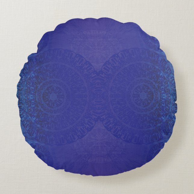 Godkännande | Blue Indigo Violet Boho Medallions Rund Kudde (Framsidan)