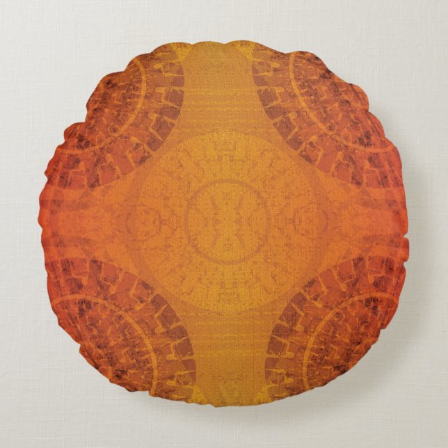 Godkännande | Red Orange Gult Boho Medallions Rund Kudde (Framsidan)