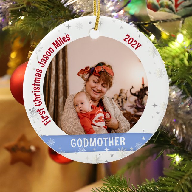 Godmor Baby Personlig Första julfoto Julgransprydnad Keramik (Modern Elegant Cute First Christmas Baby Love you Godmother 1 Photo Snowflakes Stars Bow Holly)