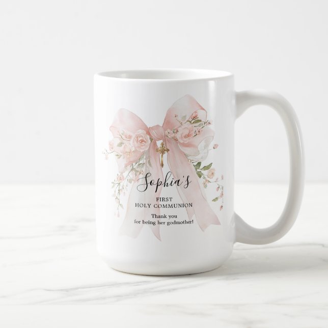 Godmother Gift First Communion Pink Bow Roses Kaffemugg (Höger)
