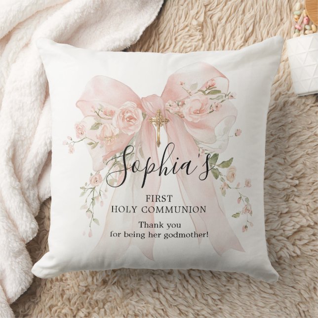 Godmother Gift First Communion Pink Bow Roses Kudde (Filt)