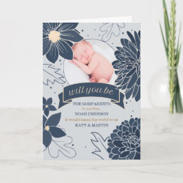 Godparent Request Bold Blue Botanicals with Photo Kort