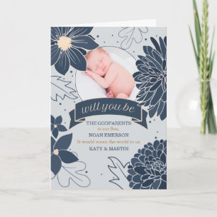 Godparent Request Bold Blue Botanicals with Photo Kort