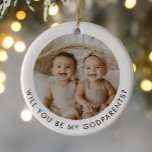 Godparents Photo Proposal Girl Boy Twins Julgransprydnad Keramik<br><div class="desc">Looking for a sweet way to ask a loved one to be your twins' Godparents? This modern, minimalist design is the perfect way to pop the question! Whether you're asking a family member or close friends, this will help you create a heartfelt moment that they'll remember forever. This design features...</div>