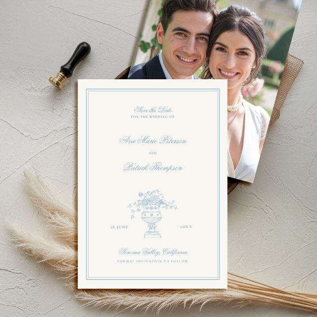 Gods Blommigt Elegant Blue Ram Photo Bröllop Spara Datumet (elegant wedding save the date photo template chateau estate garden destination blue periwinkle)