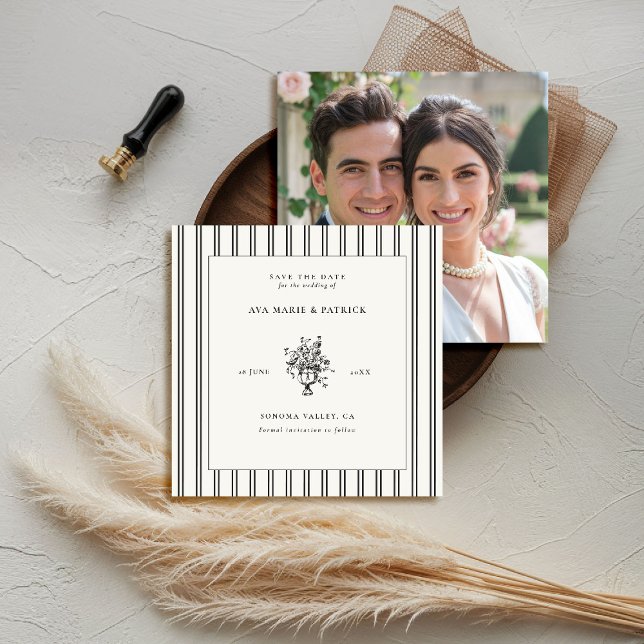 Gods Chic Black Rand Blommigt Vas Photo Bröllop Spara Datumet (elegant wedding save the date photo template chateau estate garden destination black white stripes)