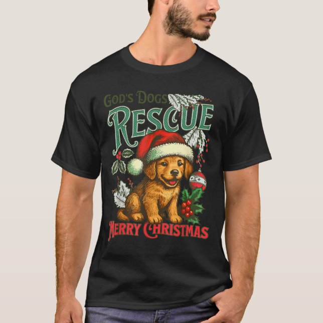 God's Dogs Rescue Christmas Santa Golden Retriever T Shirt (Framsida)