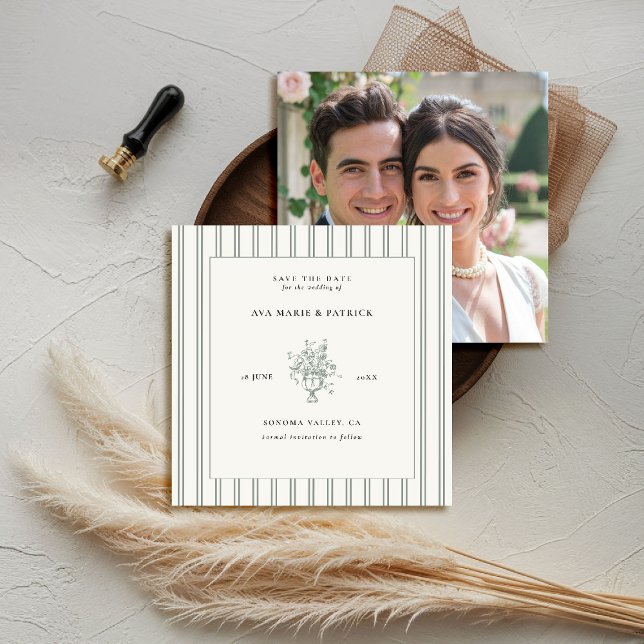 Gods Sage Grönt Rand Blommigt Vas Photo Bröllop Spara Datumet (elegant wedding save the date photo template chateau estate garden destination sage green stripes)