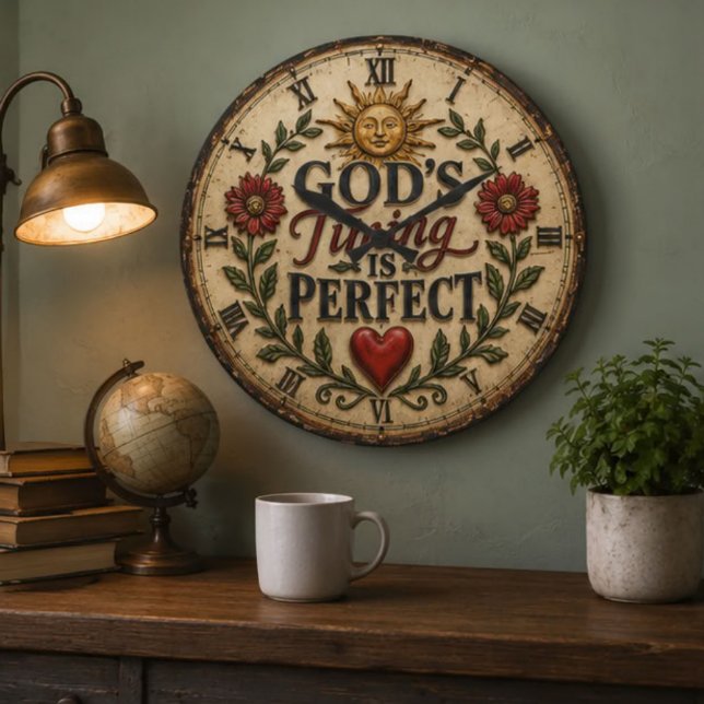 God's Timing Is Perfect Christian Rustic Faith Stor Klocka (Skapare uppladdad)