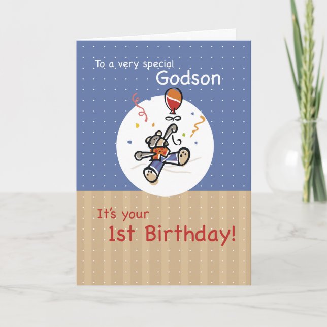 Godson 1:a Nallen Balloon Birthday Kort (Framsida)