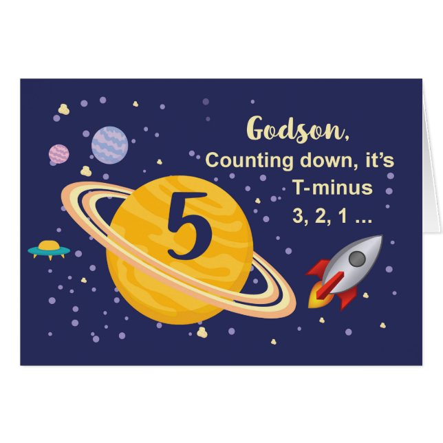 Godson 5:e födelsedagsplanet i Rymden Hälsningskort (Framsidan Horizontal)