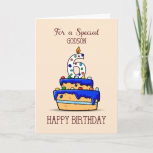 Godson 6e Birthday, 6 on Sweet Blue Cake Kort