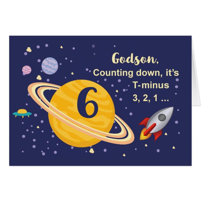 Godson 6e Birthday Planets i Rymden Hälsningskort (Framsidan Horizontal)