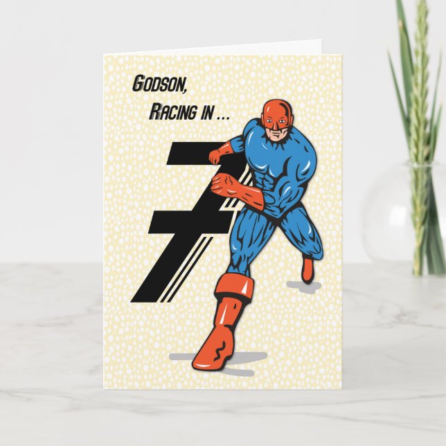 Godson 7:e Birthday Superhjälte Kort (Framsida)
