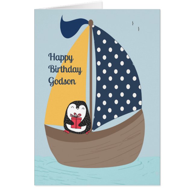 Godson Birthday Card med Penguin Sailing Hälsningskort (Framsidan)