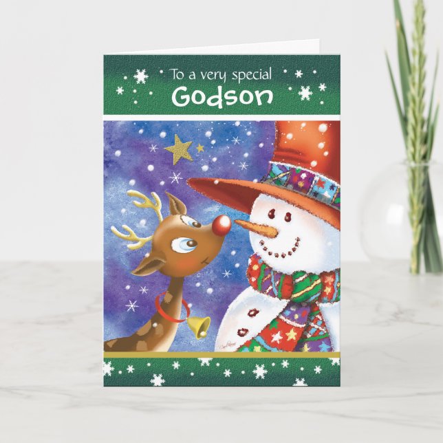Godson, Cute Reindeer och Snögubbe Helgkort (Framsida)