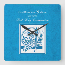 Godson First Communion, Wheat, Grapes Blue Fyrkantig Klocka
