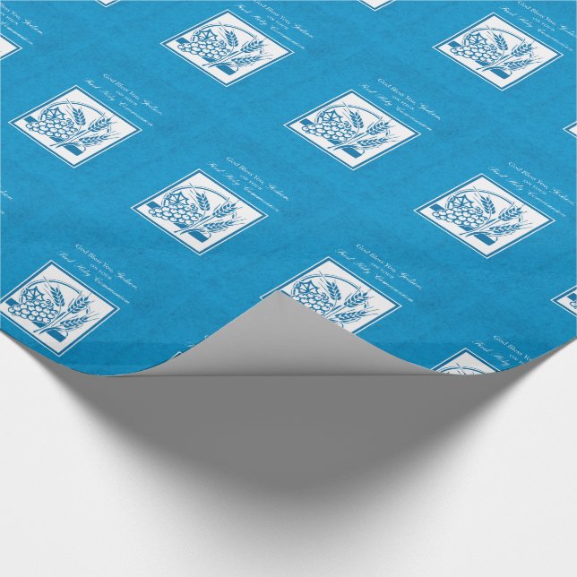 Godson First Communion, Wheat, Grapes Blue Presentpapper (Hörn)