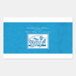 Godson First Communion, Wheat, Grapes Blue Rektangulärt Klistermärke