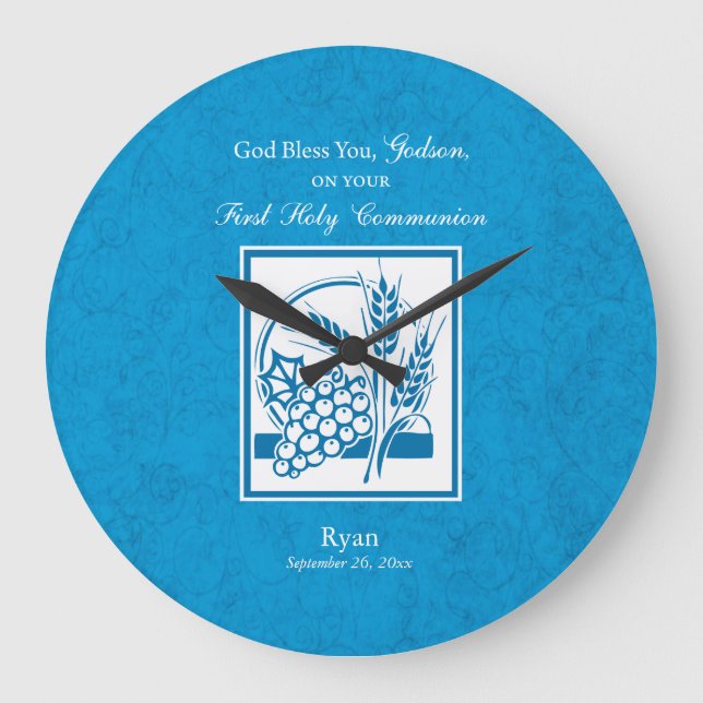 Godson First Communion, Wheat, Grapes Blue Stor Klocka (Framsida)