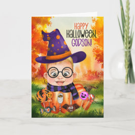 Godson Little Wizard Boy i en Pumpkin Halloween Helgkort