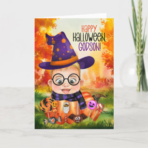 Godson Little Wizard Boy i en Pumpkin Halloween Helgkort
