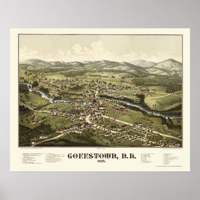 Goffstown, NH Panoramic Karta - 1887 Poster (Framsidan)