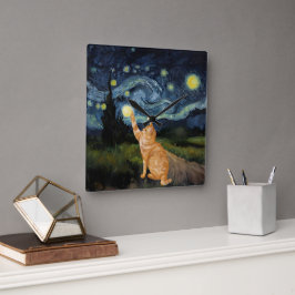 Gogh Kattunge Starry Night Cat Fyrkantig Klocka